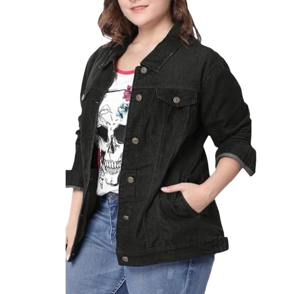 Oversized Black Denim Distressed Trucker Jacket Size Large NWOT Unisex Grunge - Picture 1 of 13